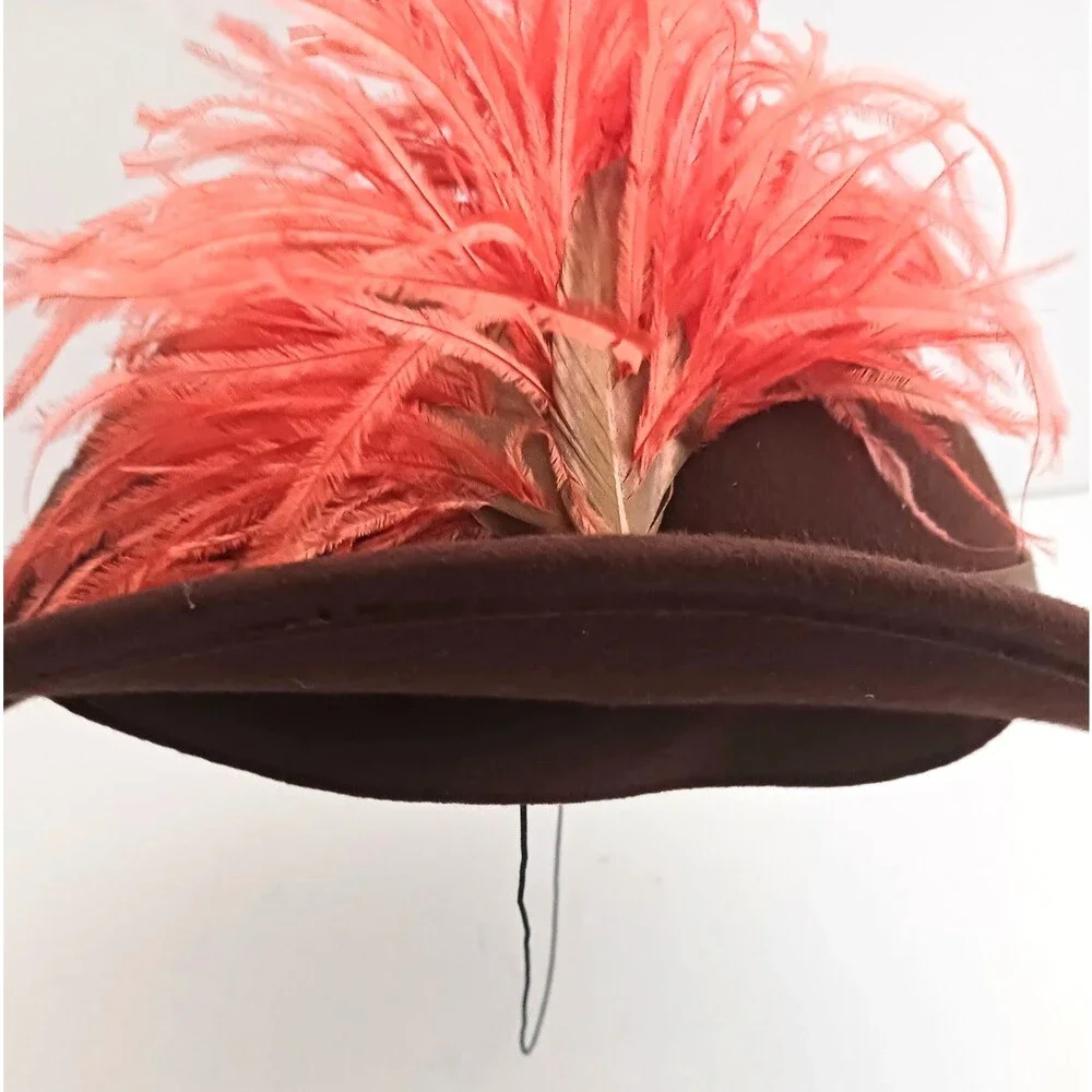 VTG Miss Rose Brown Felt Wool Hat Orange Feather Plume Trim O/S